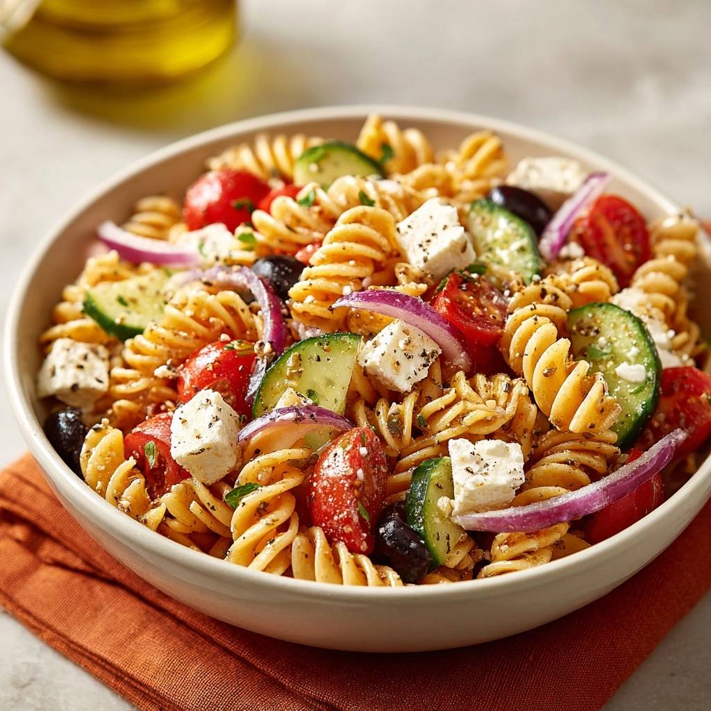 Griechischer Fusilli-Salat in einer Schüssel, nahaufnahme der frischen Zutaten wie Feta, Oliven und Gurke.