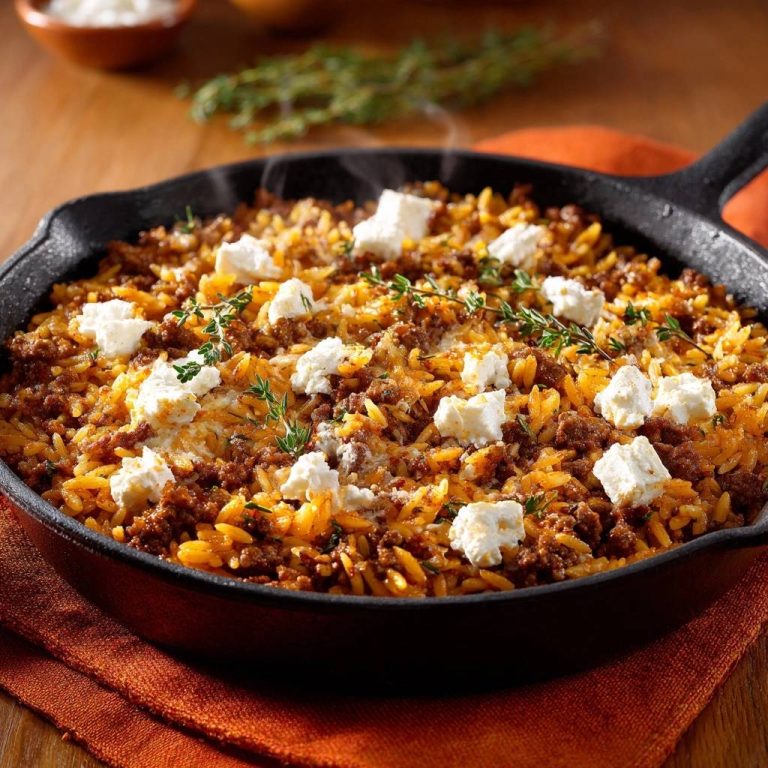 Griechischer Rinderhack-Reis mit Feta, im Gusseisen serviert und mit frischen Kräutern garniert.