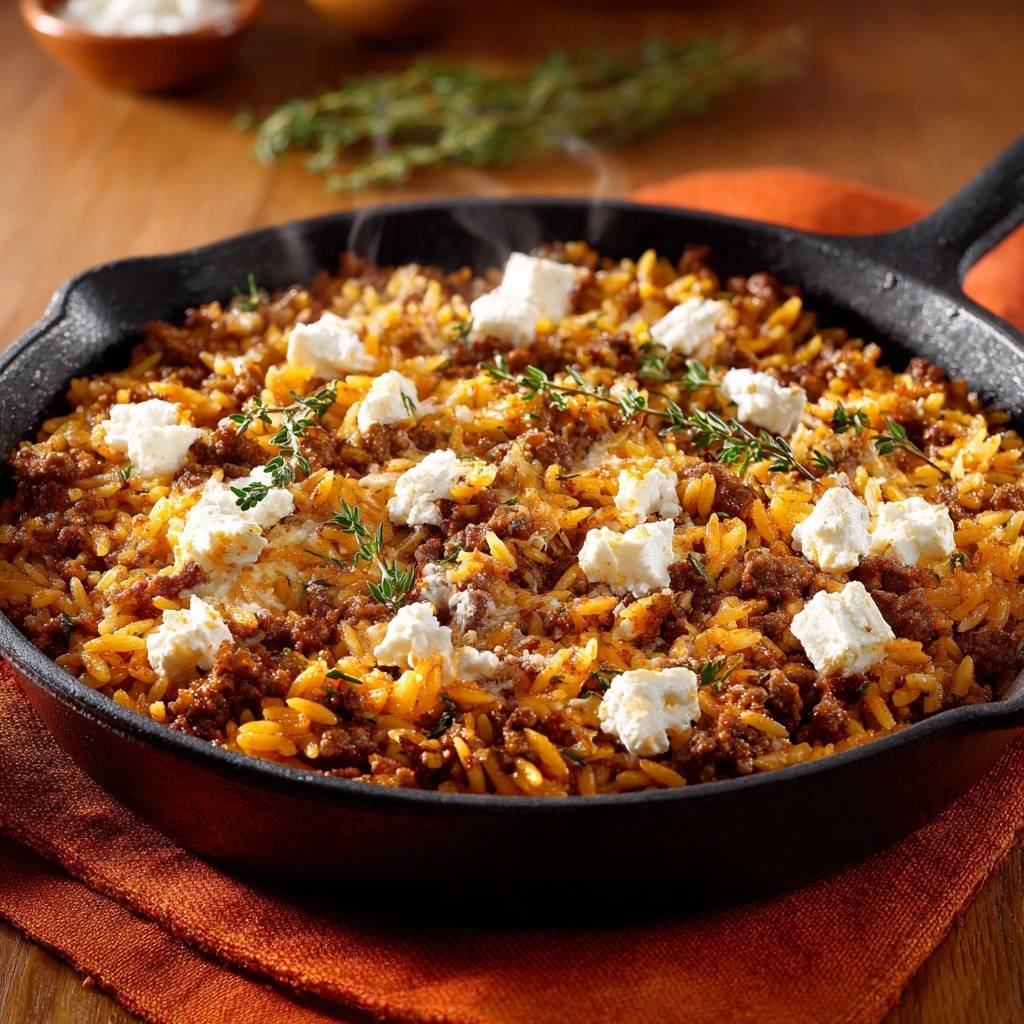 Griechischer Rinderhack-Reis mit Feta, im Gusseisen serviert und mit frischen Kräutern garniert.
