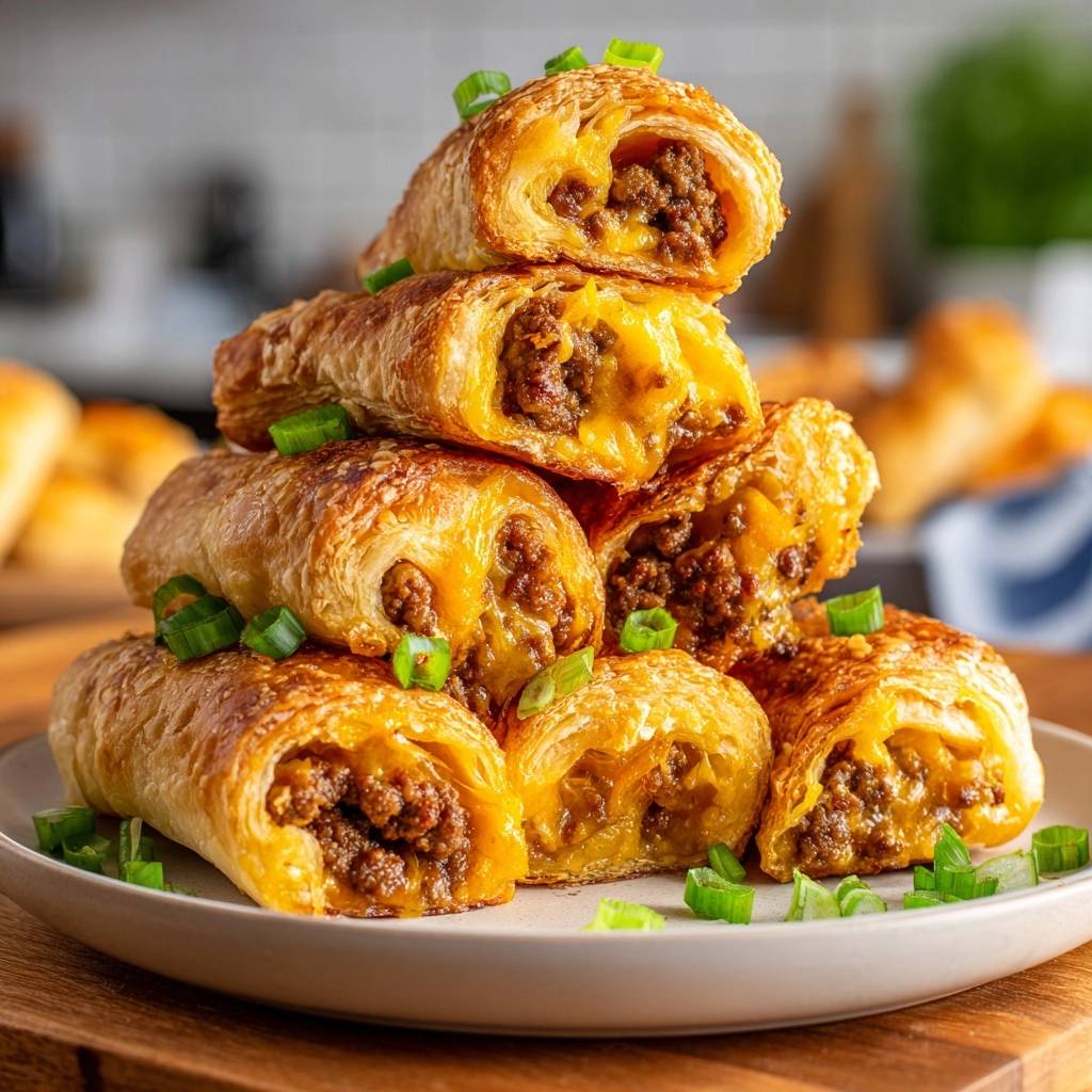 Knusprige Hack-Käse-Rollen angeschnitten mit geschmolzenem Käse und Hackfleischfüllung, garniert mit Frühlingszwiebeln.