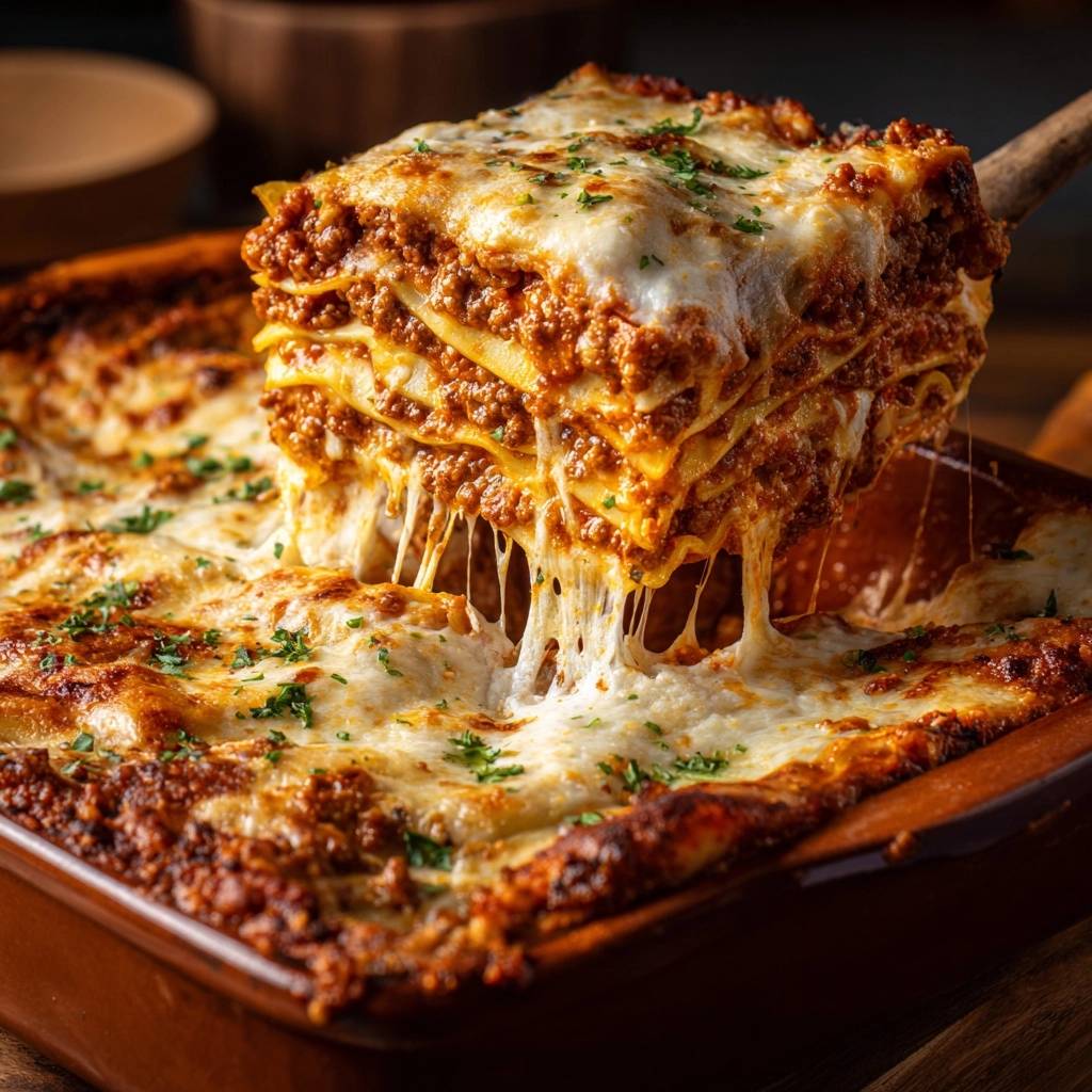 Perfekte Hackfleisch-Lasagne angeschnitten mit langem, geschmolzenem Käse, der von der Scheibe herunterhängt.