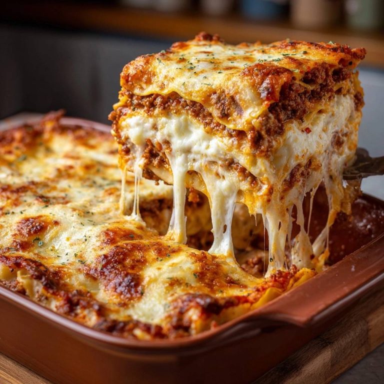 Perfekte Hackfleisch-Lasagne mit langem, geschmolzenem Käse, der beim Anheben eines Stücks herausgezogen wird.
