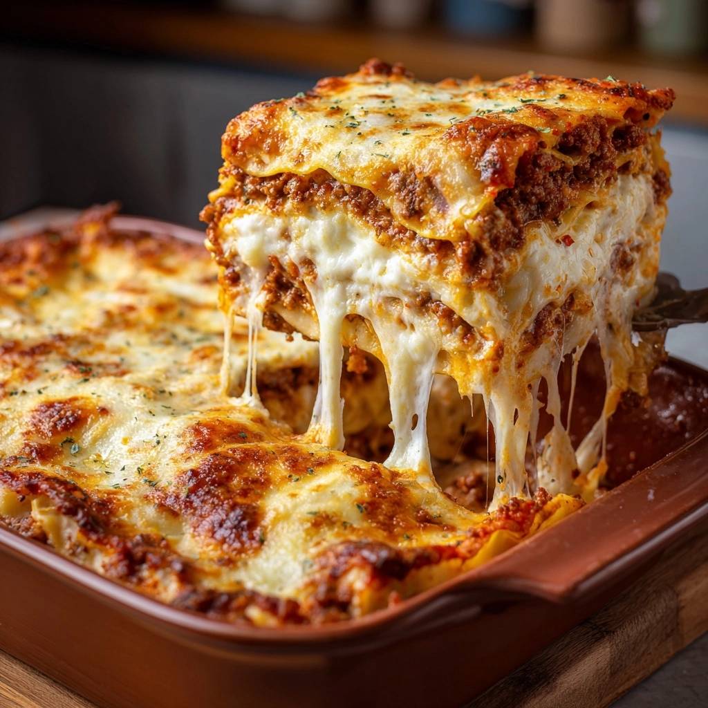 Perfekte Hackfleisch-Lasagne mit langem, geschmolzenem Käse, der beim Anheben eines Stücks herausgezogen wird.