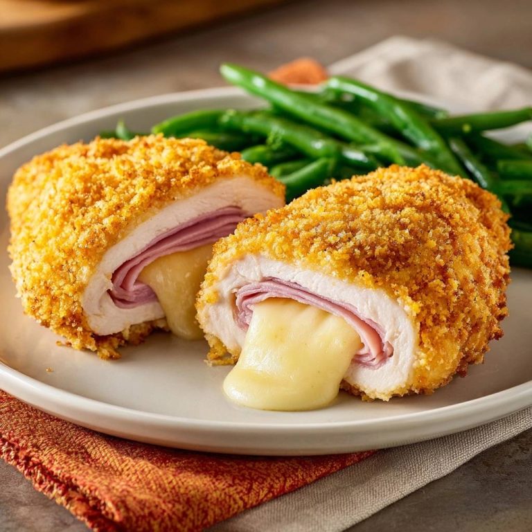 Knuspriges Hähnchen Cordon Bleu angeschnitten, das geschmolzenen Käse und Schinken im Inneren zeigt, serviert mit grünen Bohnen.