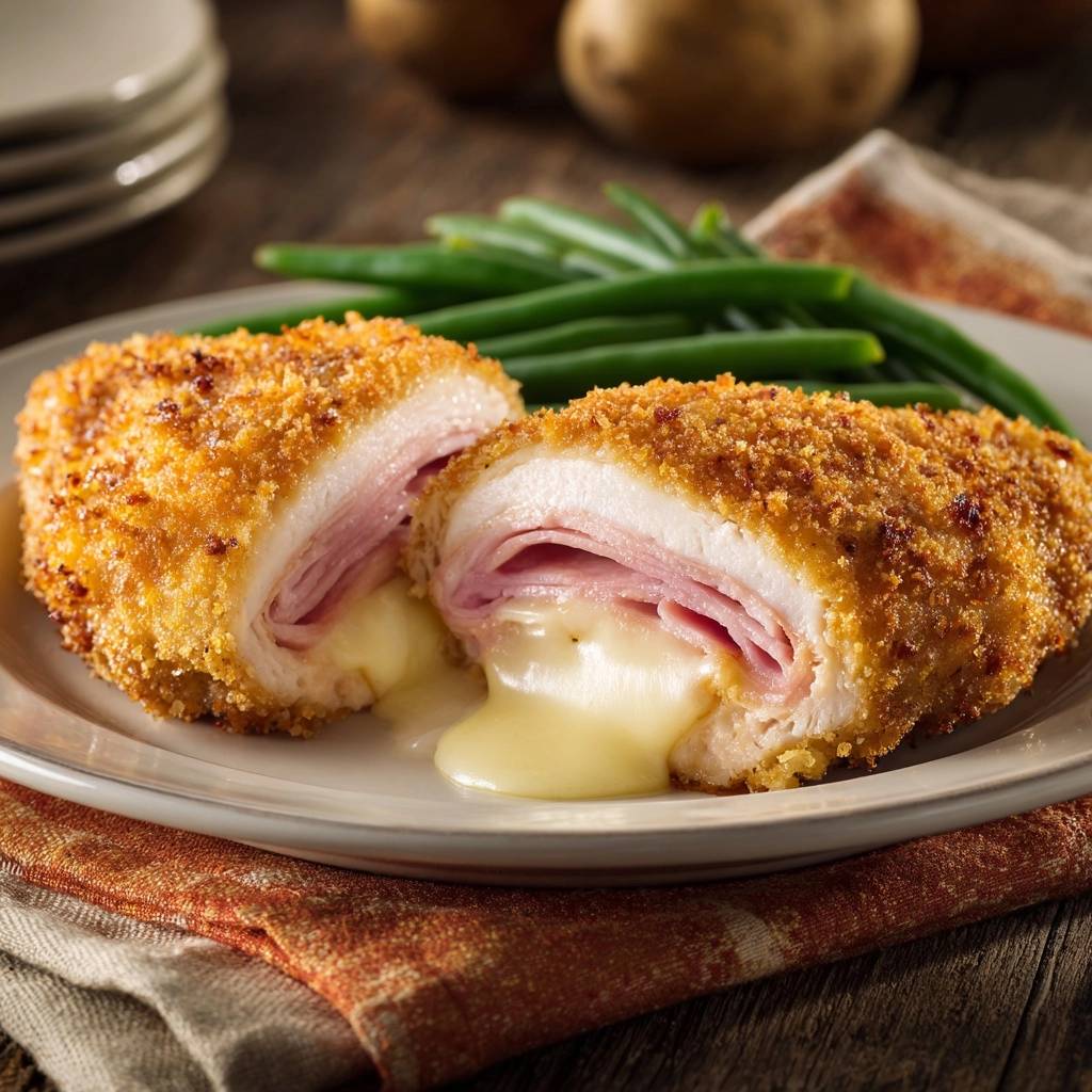 Knuspriges Hähnchen Cordon Bleu angeschnitten, aus dem geschmolzener Käse fließt, daneben grüne Bohnen.