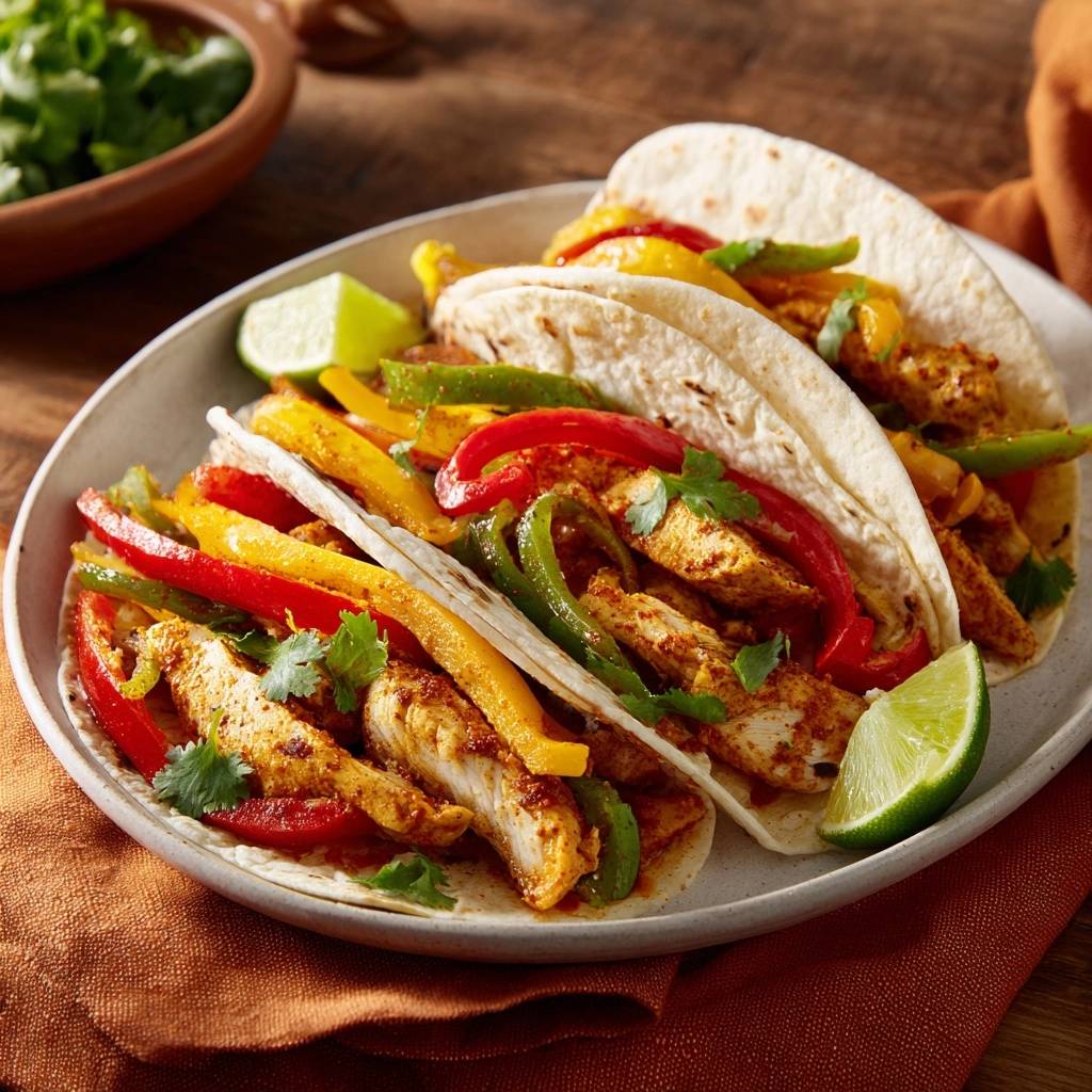 Hähnchen-Fajitas mit Paprika serviert auf einem Teller mit frischen Limettenspalten und Koriander garniert.
