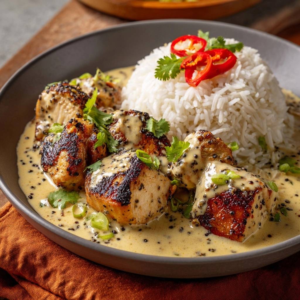 Saftiges Hähnchen-Gelbcurrry mit Duftreis, serviert in cremiger Sauce mit schwarzen Pfefferkörnern und frischem Koriander garniert.