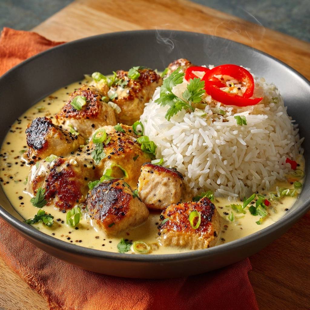 Saftiges Hähnchen-Gelbcurry mit Duftreis, garniert mit frischem Koriander und Chiliringen in einer Schüssel