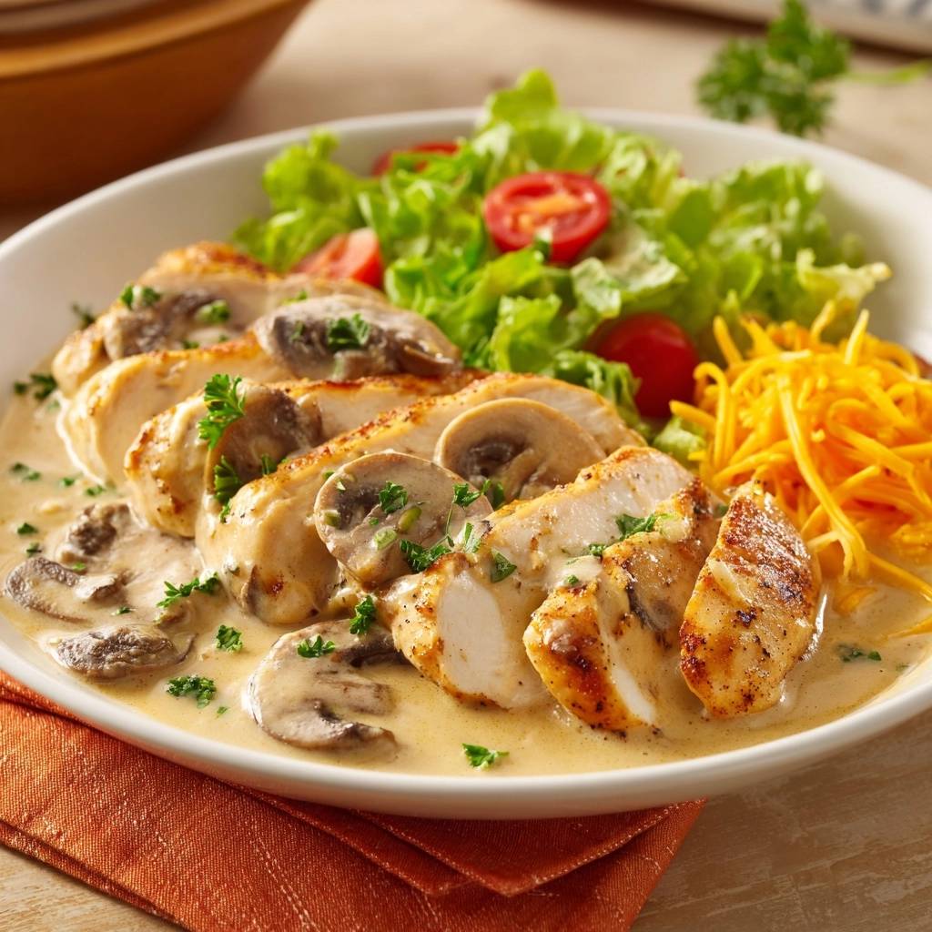 Saftiges Hähnchen in Pilzrahmsauce, angeschnitten und mit cremiger Sauce und Pilzen serviert, daneben Salat und Käse.