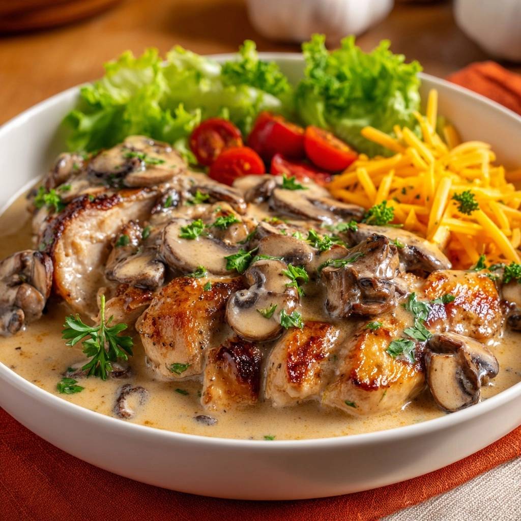 Saftiges Hähnchen in Pilzrahmsauce, nahaufnahme serviert in einer Schüssel mit Beilagen.