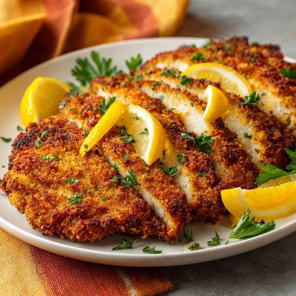 Knuspriges Hähnchenschnitzel angeschnitten mit Zitronenscheiben und Petersilie auf einem Teller serviert.