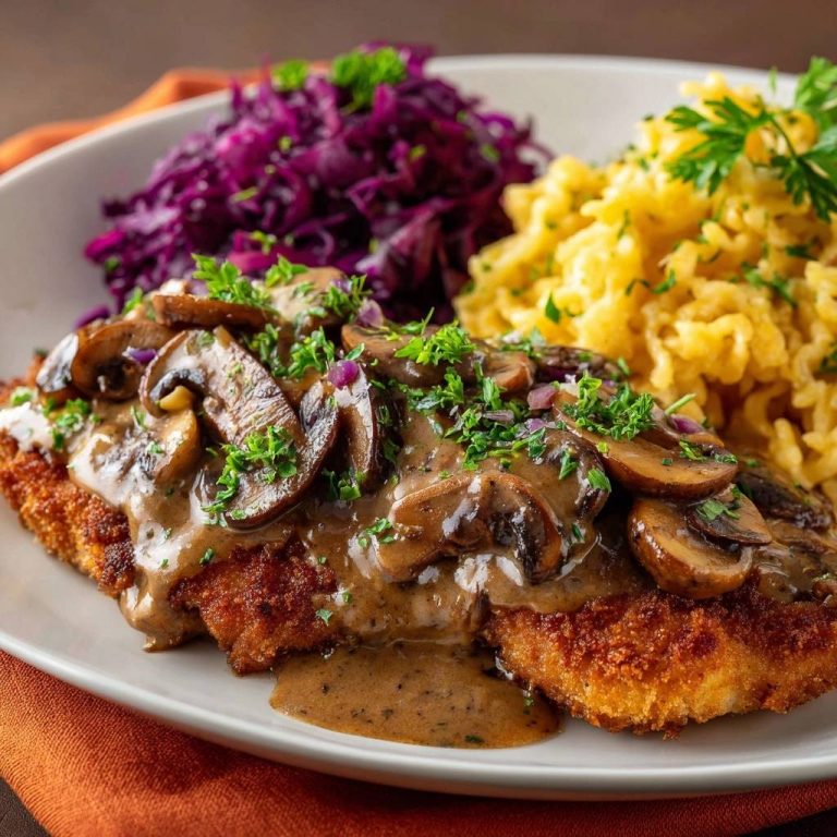 Hähnchenschnitzel mit Pilzrahmsoße, Spätzle und Rotkohl serviert auf einem Teller