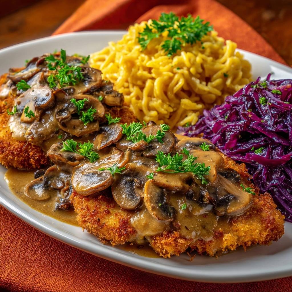 Hähnchenschnitzel mit Pilzrahmsoße, Spätzle und Rotkohl, serviert auf einem Teller mit Petersilie garniert.