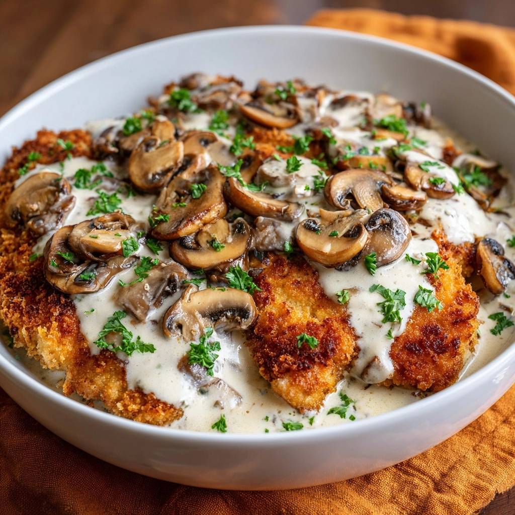 Knuspriges Hähnchenschnitzel mit Pilzrahmsoße, nah aufgenommen und mit frischer Petersilie garniert.