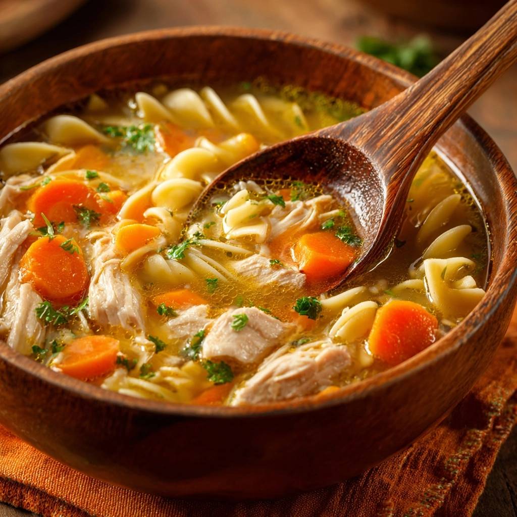 Hausgemachte Hühnersuppe mit Nudeln und Karotten, eine Nahaufnahme mit einem Holzlöffel, der in der Schüssel steckt.