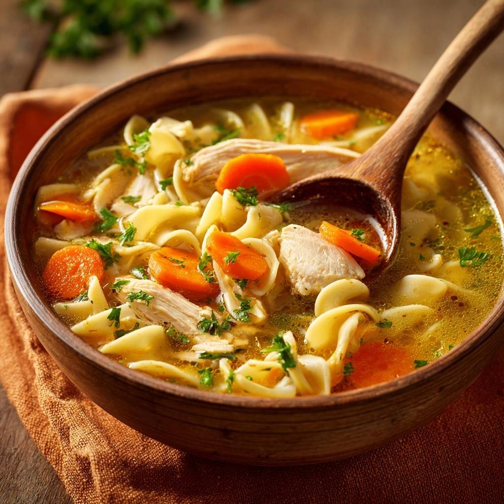 Hausgemachte Hühnersuppe mit Nudeln und Karotten, serviert in einer hölzernen Schüssel und von einem Holzlöffel aufgenommen.