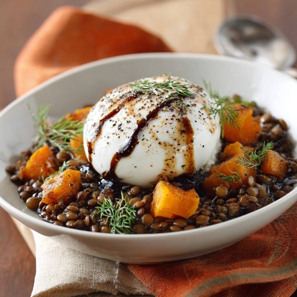 Herbstlicher Kürbis-Linsen-Topf mit Burrata, serviert in einer Schüssel und mit Dill garniert.