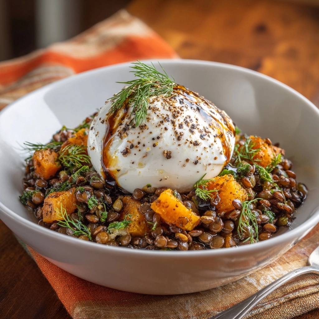 Herbstlicher Kürbis-Linsen-Topf mit Burrata, serviert in einer Schüssel und mit frischen Kräutern und Balsamico-Glasur garniert.