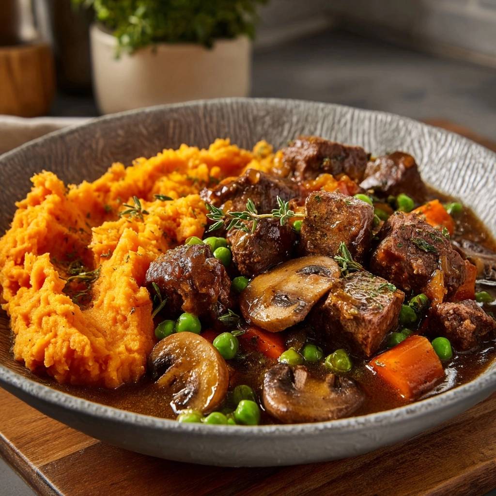Herzhaftes Rindfleischragout mit Süßkartoffelpüree, Nahaufnahme mit Pilzen, Erbsen und Karotten in einer Schüssel.