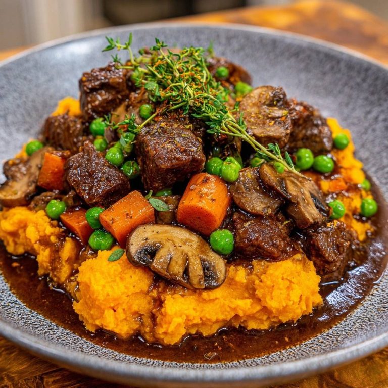Herzhaftes Rindfleischragout mit Süßkartoffelpüree, nahaufnahme des fleischigen Gerichts mit Gemüse und Kräutern garniert.