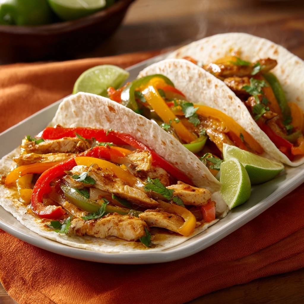 Hähnchen-Fajitas mit Paprika, serviert auf einer weißen Platte mit Limettenspalten und Koriander garniert.