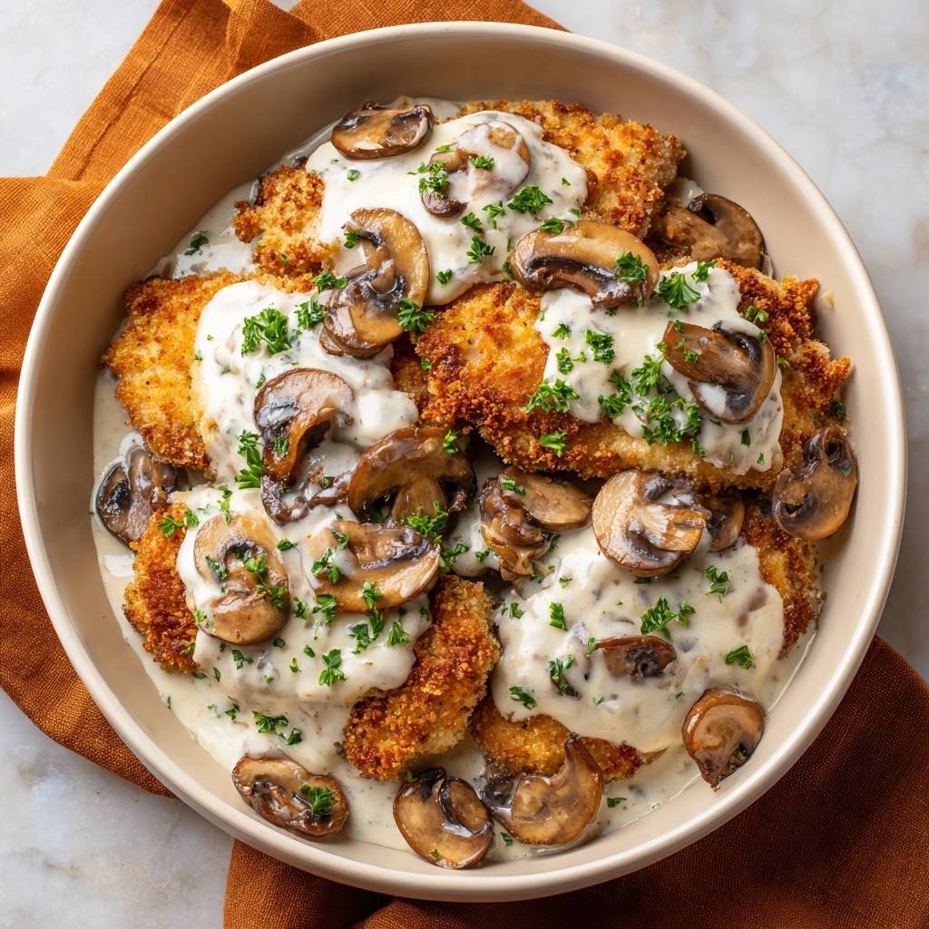 Knuspriges Hähnchenschnitzel mit Pilzrahmsoße, in einer Schüssel serviert mit viel Soße und Pilzen.