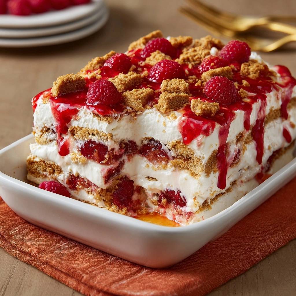 Himbeer-Creme-Schichtdessert angeschnitten mit Himbeersauce und zerbröselten Keksen garniert