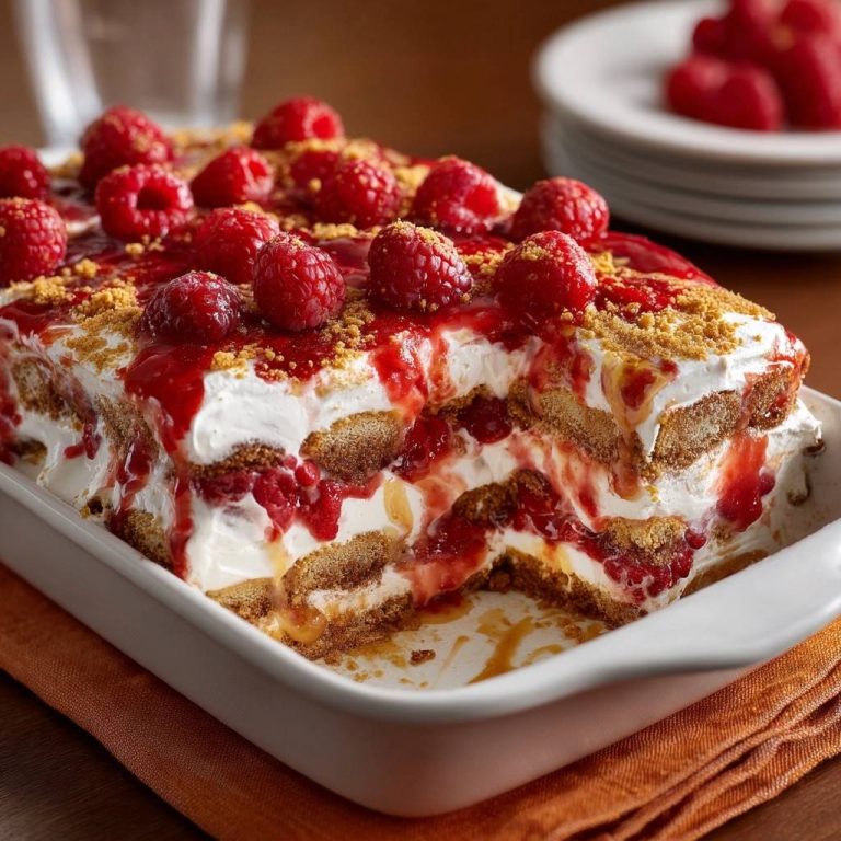 Himbeer-Creme-Schichtdessert im Anschnitt, das die Schichten aus Keksen, Creme und Himbeeren zeigt.