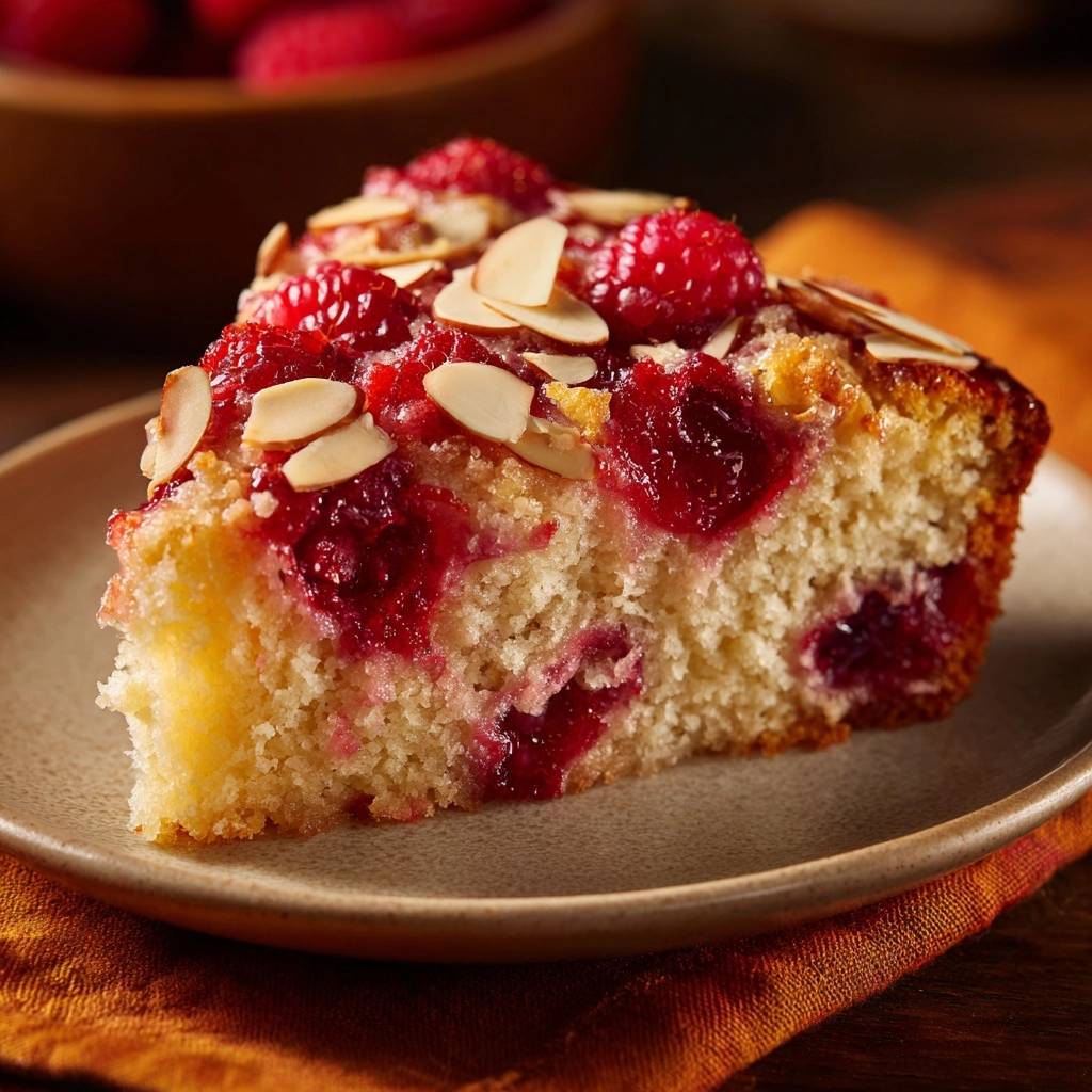 Himbeer-Mandel-Kuchen angeschnitten auf einem Teller mit Mandelsplittern und Himbeeren garniert.