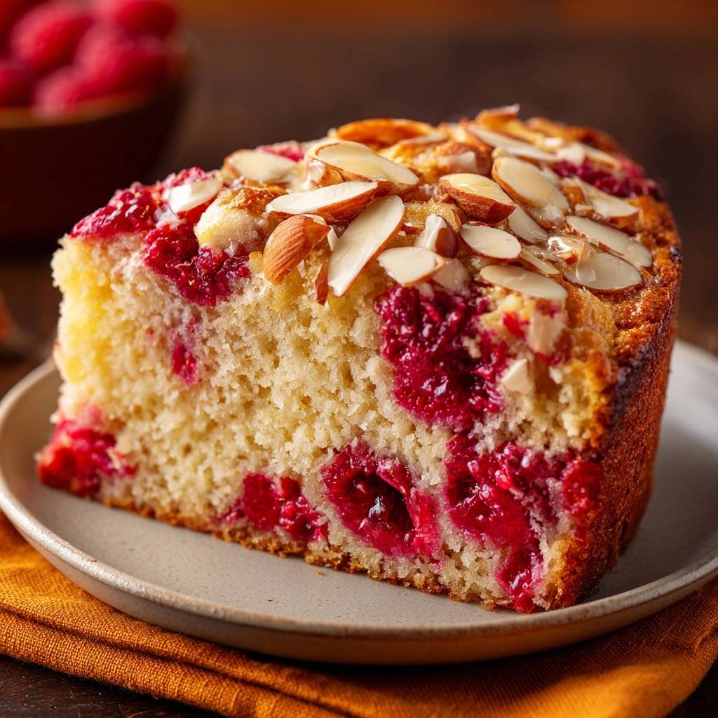 Himbeer-Mandel-Kuchen angeschnitten auf einem Teller mit gerösteten Mandeln und saftigen Himbeeren, kein matschiger Boden mehr.