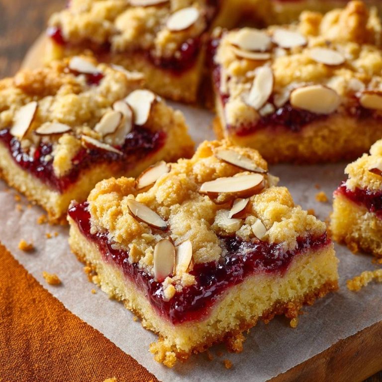 Himbeer-Mandel-Streuselkuchen angeschnitten, zeigt die Schichten aus fruchtiger Himbeermarmelade und lockerem Streuselteig mit Mandelsplittern.