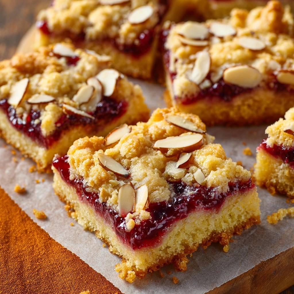 Himbeer-Mandel-Streuselkuchen angeschnitten, zeigt die Schichten aus fruchtiger Himbeermarmelade und lockerem Streuselteig mit Mandelsplittern.