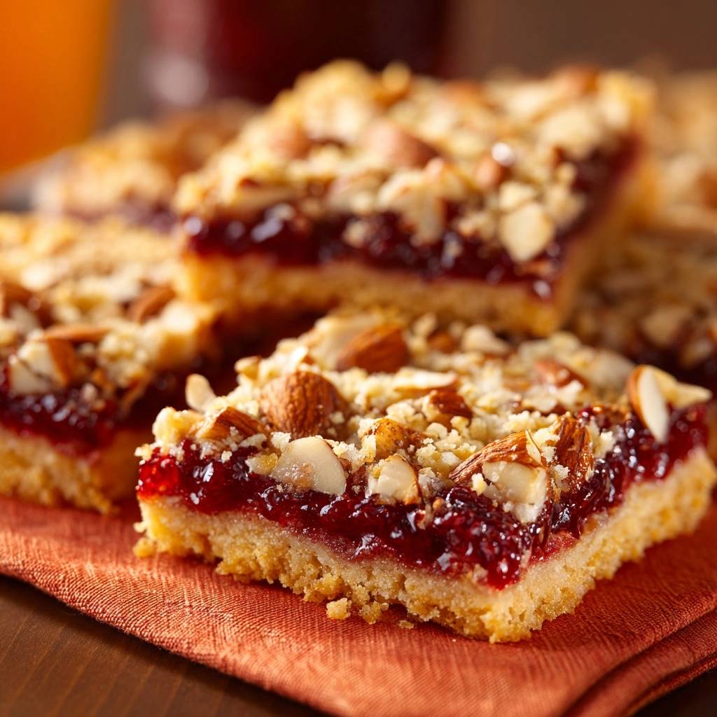 Himbeer-Mandel-Streuselkuchen als Nahaufnahme, die die saftige Füllung und die knusprigen Streusel mit Mandeln zeigt.
