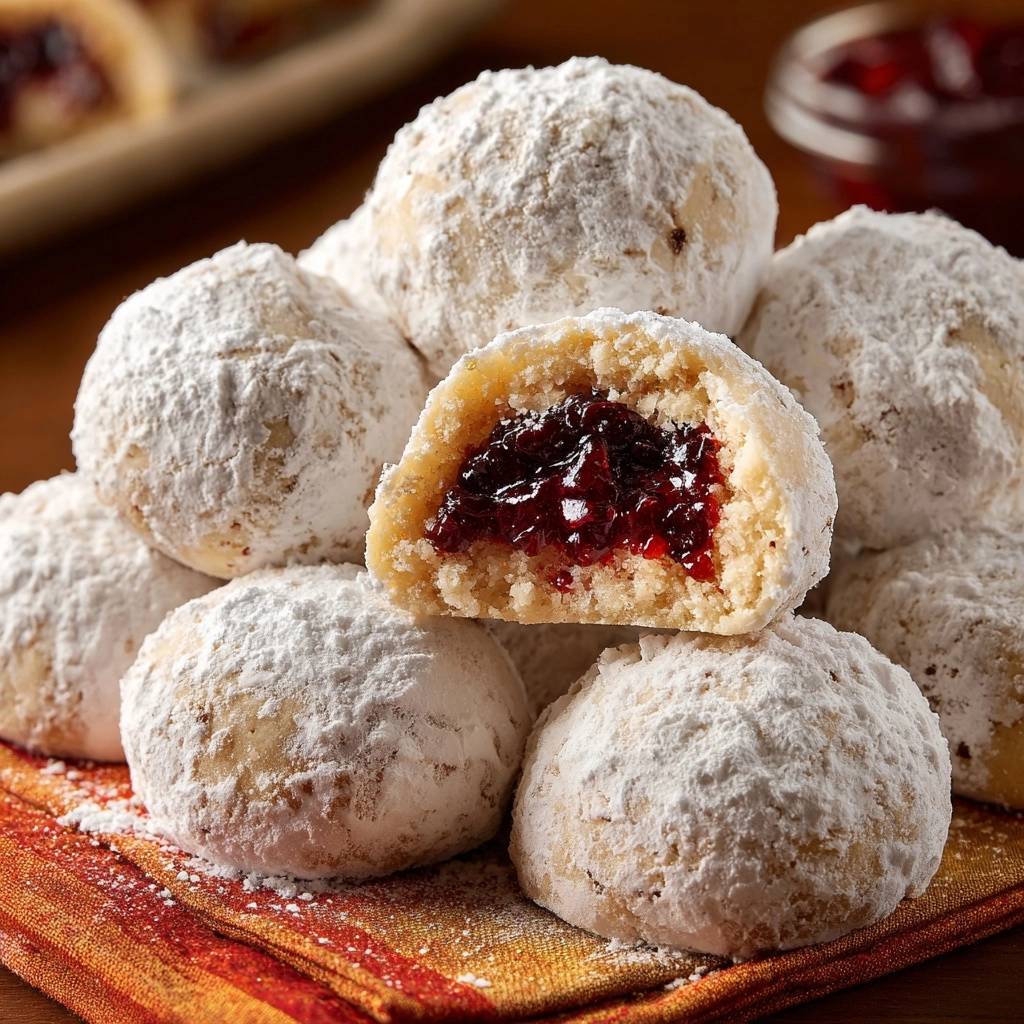 Himbeer-Schneebälle angeschnitten im Querschnitt, die saftige Marmeladenfüllung ist gut sichtbar.