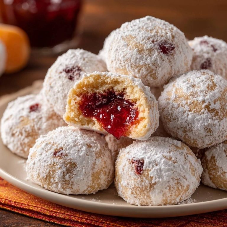 Himbeer-Schneebälle angeschnitten, die die leuchtend rote Marmeladenfüllung im Inneren zeigen, bestäubt mit Puderzucker.