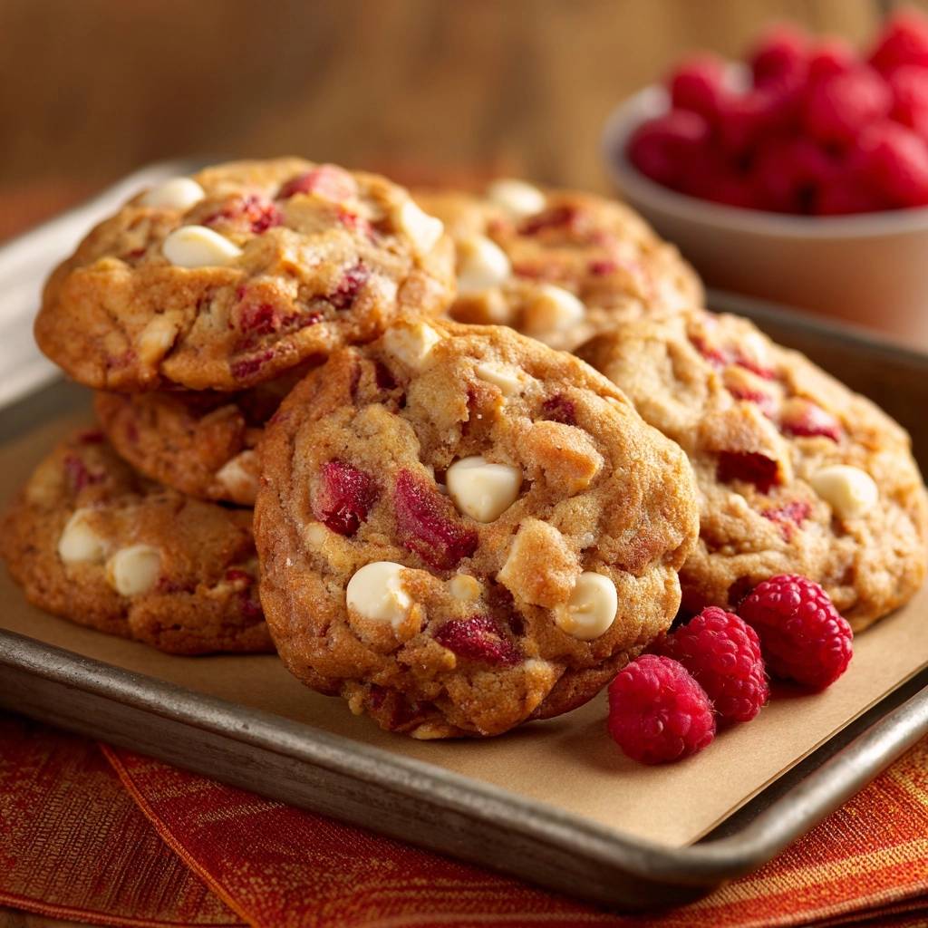 Himbeer-Weißschokoladen-Cookies mit frischen Himbeeren und weißen Schokoladenstückchen auf einem Backblech.