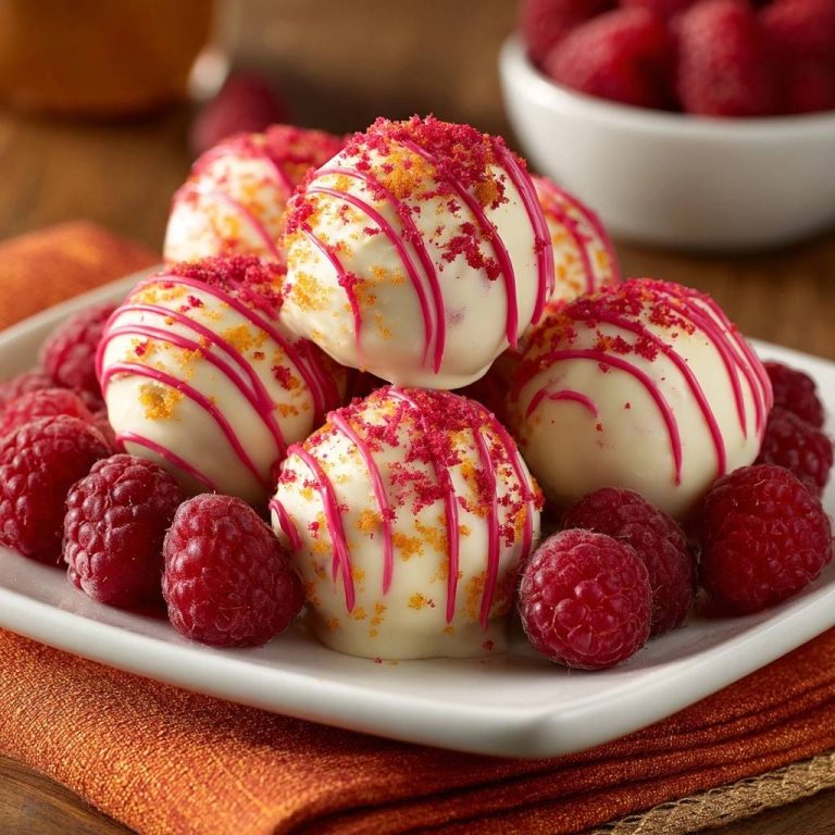 Himbeer-Weißschokoladen-Trüffel mit rosa Streifen und roter Garnitur auf einem Teller mit frischen Himbeeren.