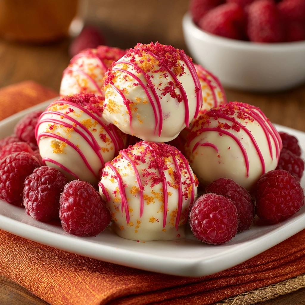 Himbeer-Weißschokoladen-Trüffel mit rosa Streifen und roter Garnitur auf einem Teller mit frischen Himbeeren.