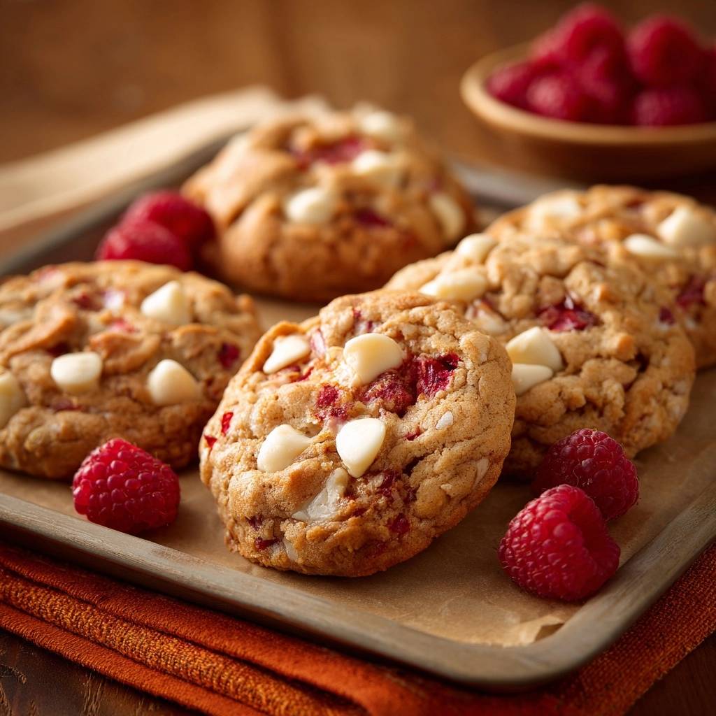 Himbeer-Weißschokoladen-Cookies mit frischen Himbeeren und weißen Schokoladenstückchen auf einem Blech, Nahaufnahme