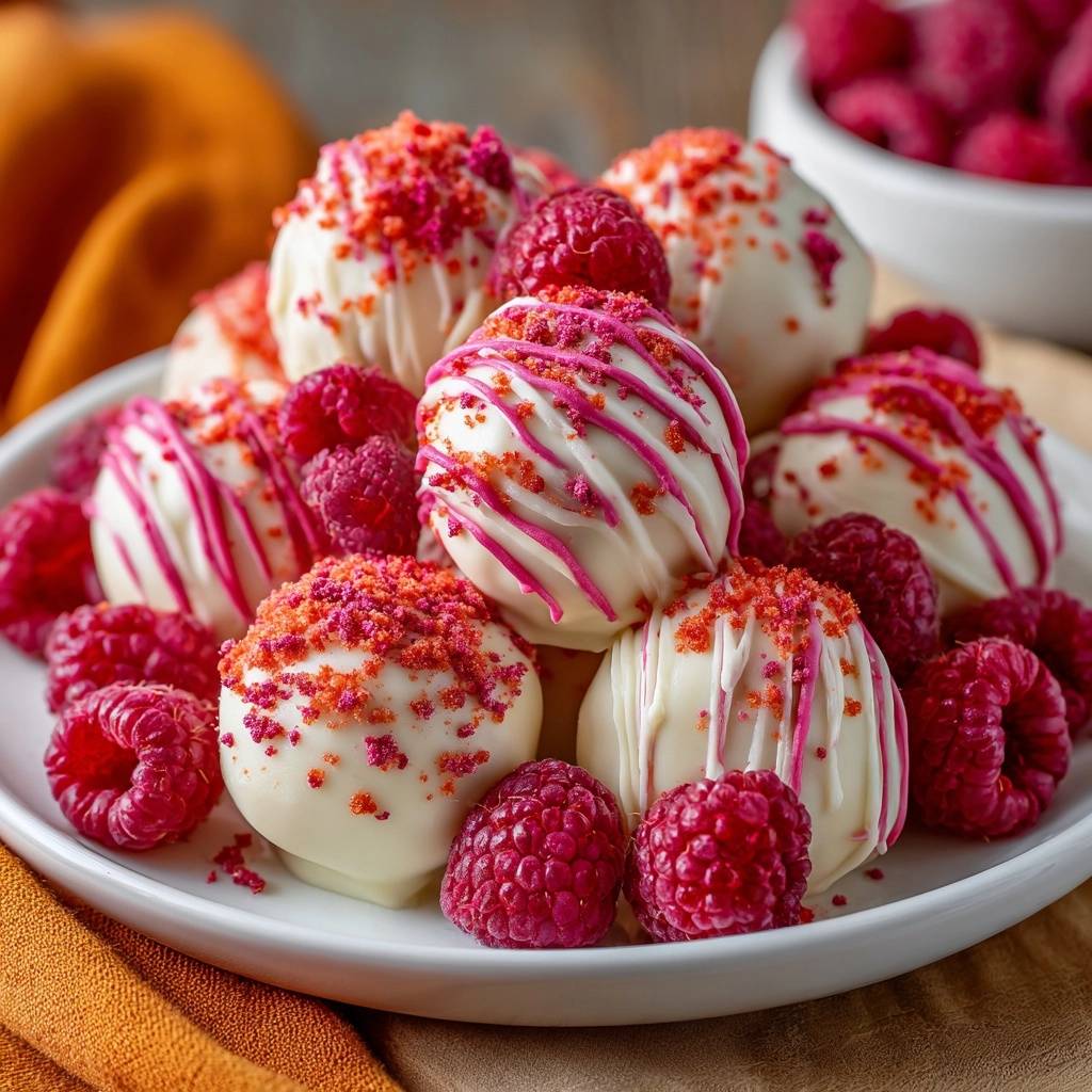 Himbeer-Weißschokoladen-Trüffel garniert mit frischen Himbeeren und rosa Zuckersplittern auf einem weißen Teller.