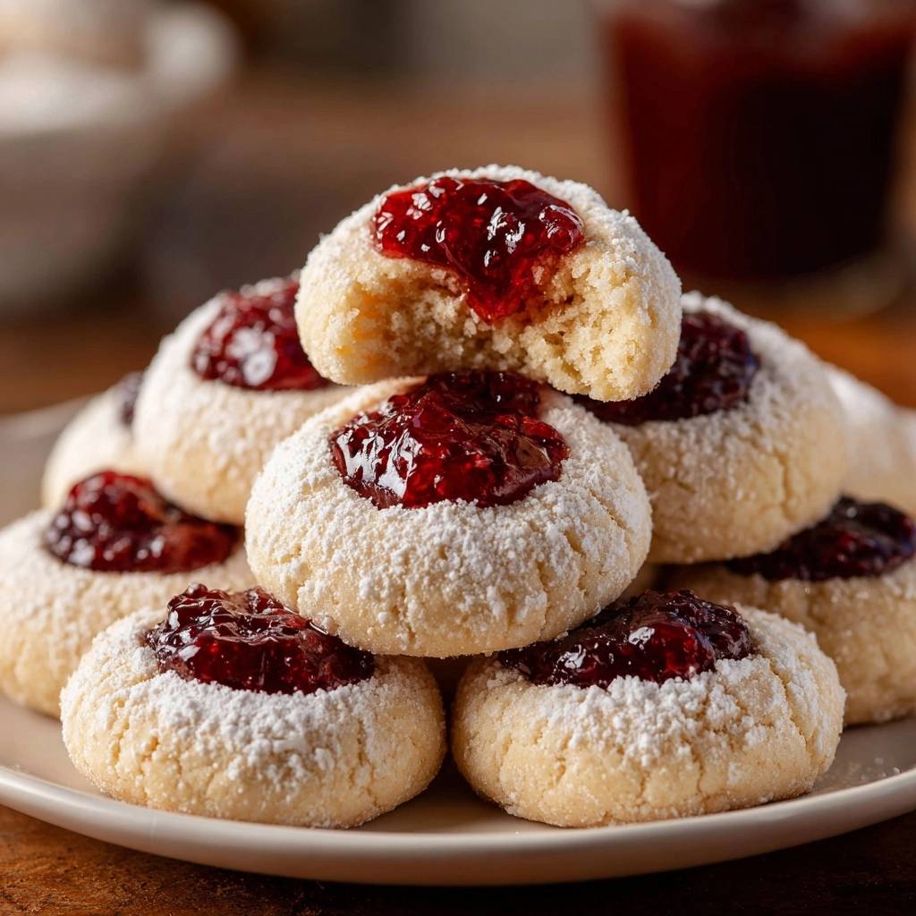 Himbeermarmeladen-Puderplätzchen mit einem angeschnittenen, saftigen Inneren, bestäubt mit Puderzucker.