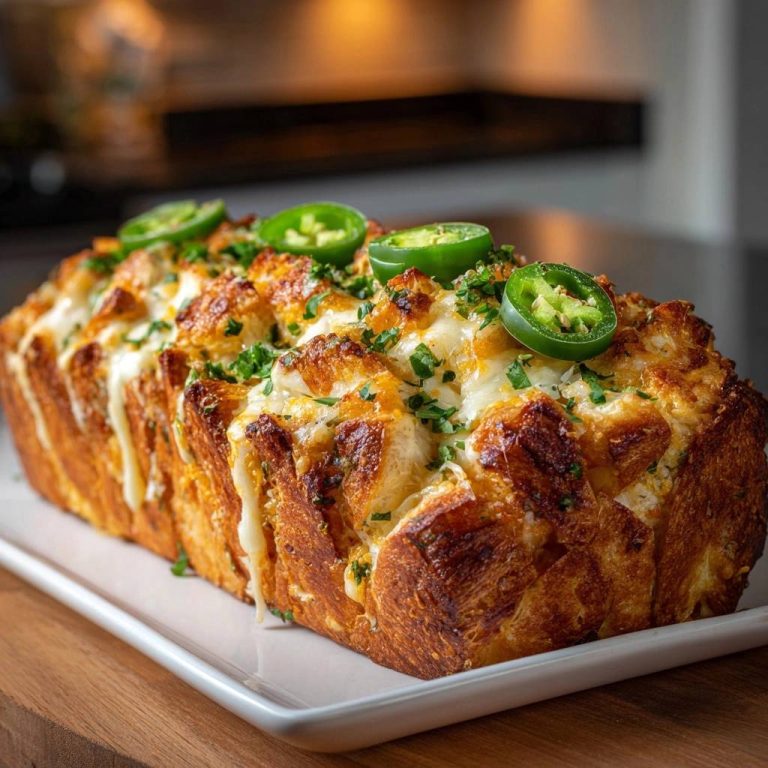 Jalapeño-Käse-Pull-Apart-Brot, frisch gebacken und mit Jalapeño-Scheiben und gehackter Petersilie garniert, auf einem weißen Teller serviert.