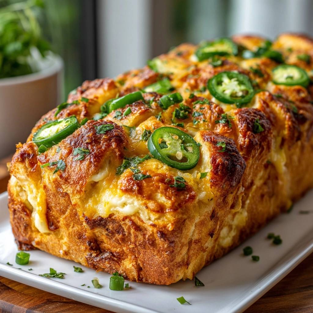 Jalapeño-Käse-Pull-Apart-Brot, frisch gebacken und mit Jalapeño-Scheiben und gehackter Petersilie garniert.