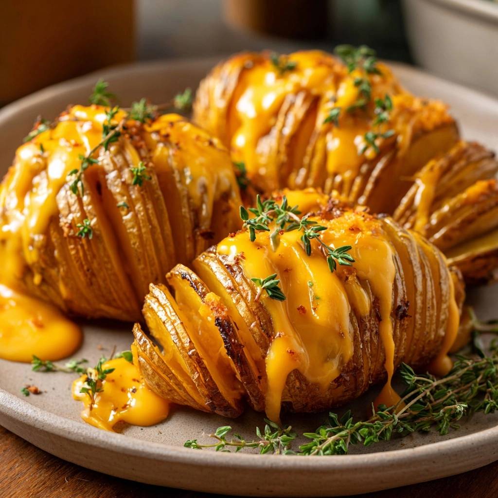Knusprige Käse-Hasselback-Kartoffeln, nahaufnahme mit geschmolzenem Käse und frischer Petersilie garniert.