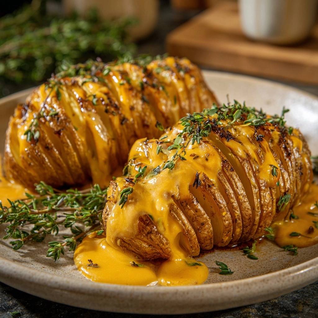 Knusprige Käse-Hasselback-Kartoffeln mit geschmolzenem Käse und frischen Kräutern auf einem Teller serviert.
