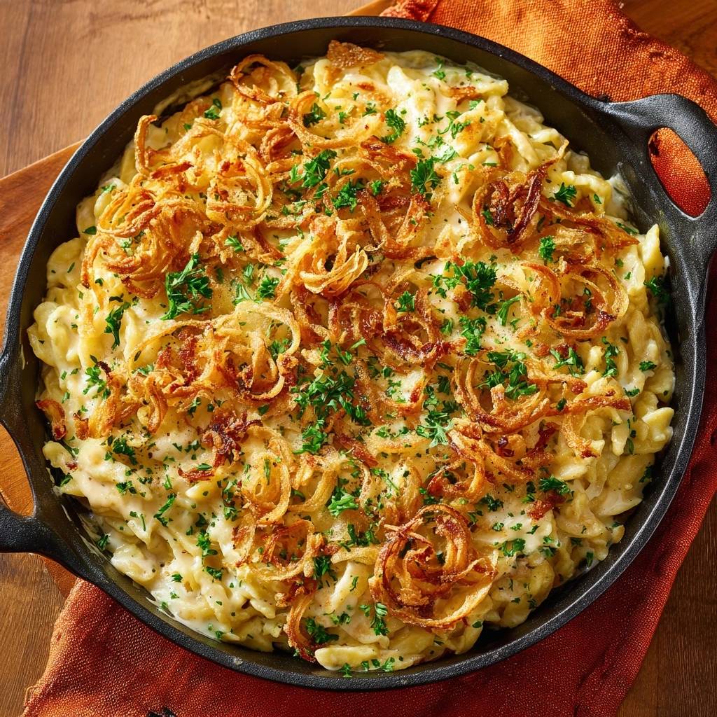 Käsespätzle mit knusprigen Zwiebeln, garniert mit frischer Petersilie, in einer gusseisernen Pfanne von oben fotografiert.