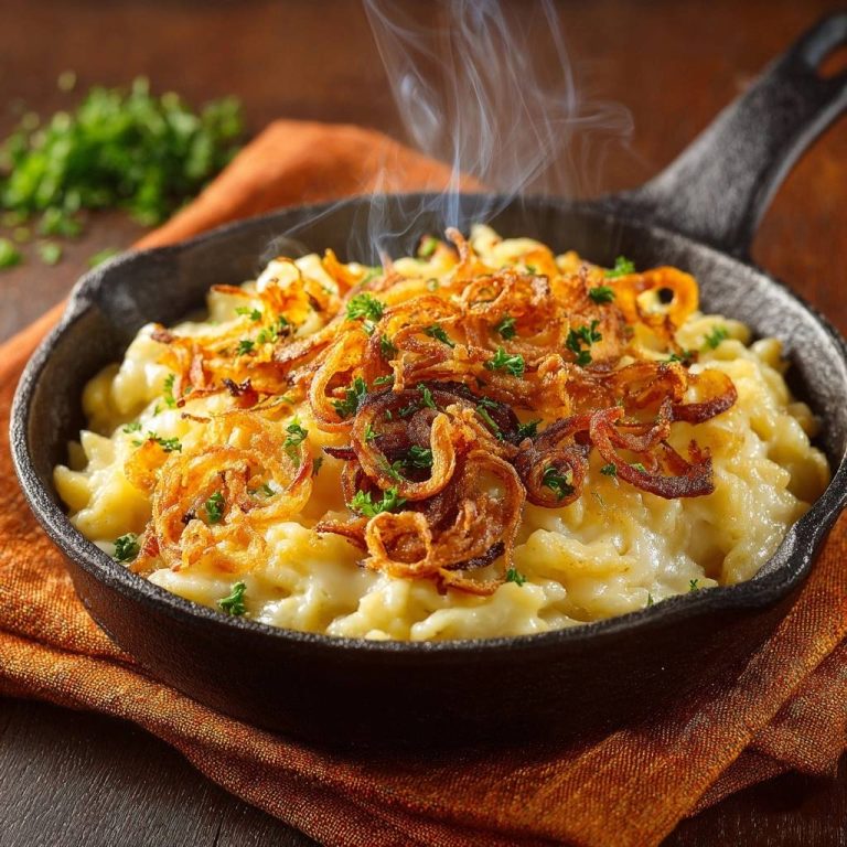 Käsespätzle mit knusprigen Zwiebeln heiss in einer Pfanne serviert, mit Dampf und frischer Petersilie garniert.