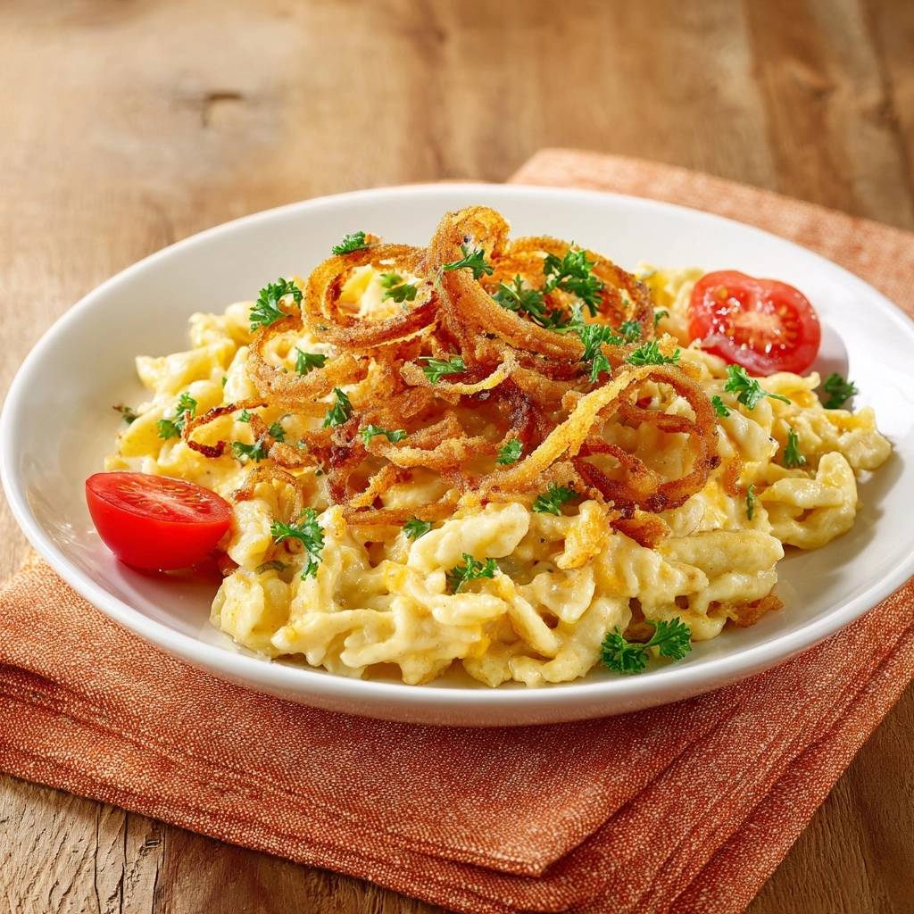Käsespätzle mit knusprigen Zwiebelringen als Garnitur, serviert mit Tomatenvierteln und Petersilie.