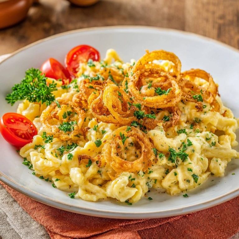Käsespätzle mit knusprigen Zwiebelringen, auf einem Teller mit Tomaten und Petersilie garniert serviert