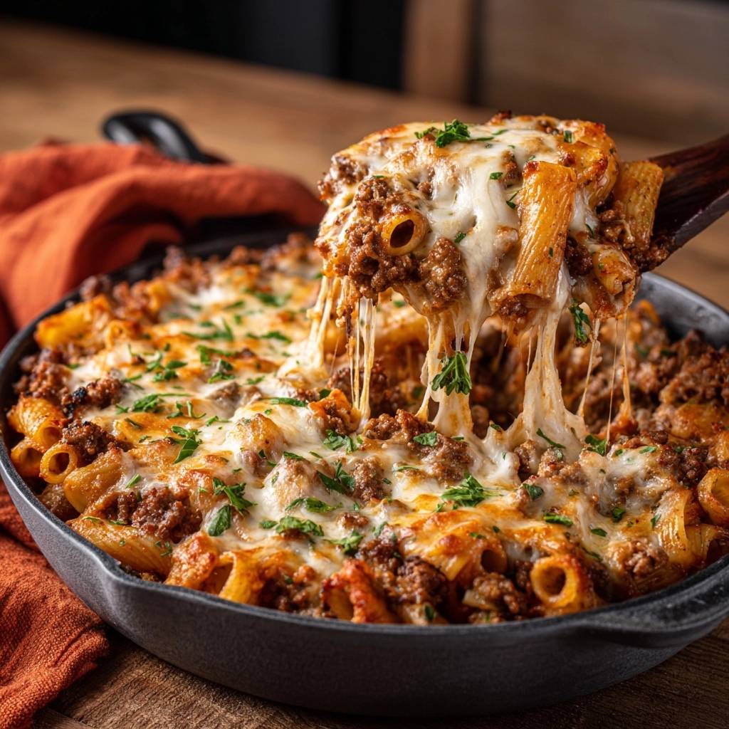 Käseüberbackener Rigatoni mit Hackfleischsoße, ein heißer Auflauf mit geschmolzenem, ziehendem Käse auf einem Holzlöffel.
